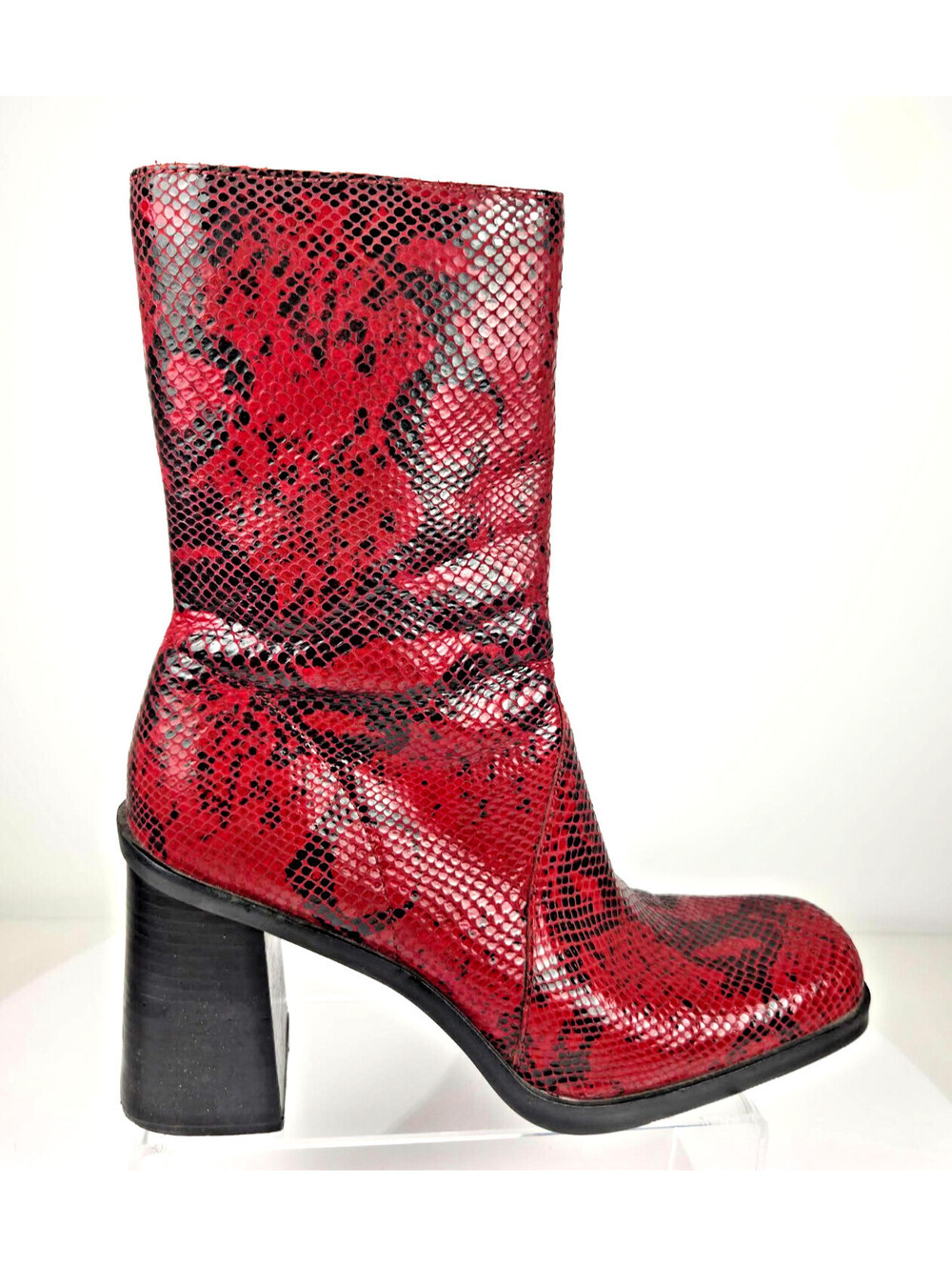 MIA Red Black Snake Print Leather Mid Calf Block Heel Boots 10M Y2K Vintage
